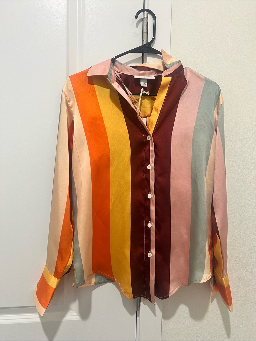 NWT Fe Noel Oversized Striped Silk-Feel Button Front Multi-colored Blouse